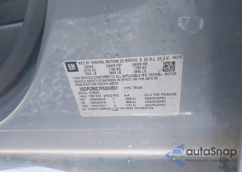 2015 Chevrolet Silverado 1500 1Lt z USA, uszkodzony, nr VIN 3GCPCREC7FG360657